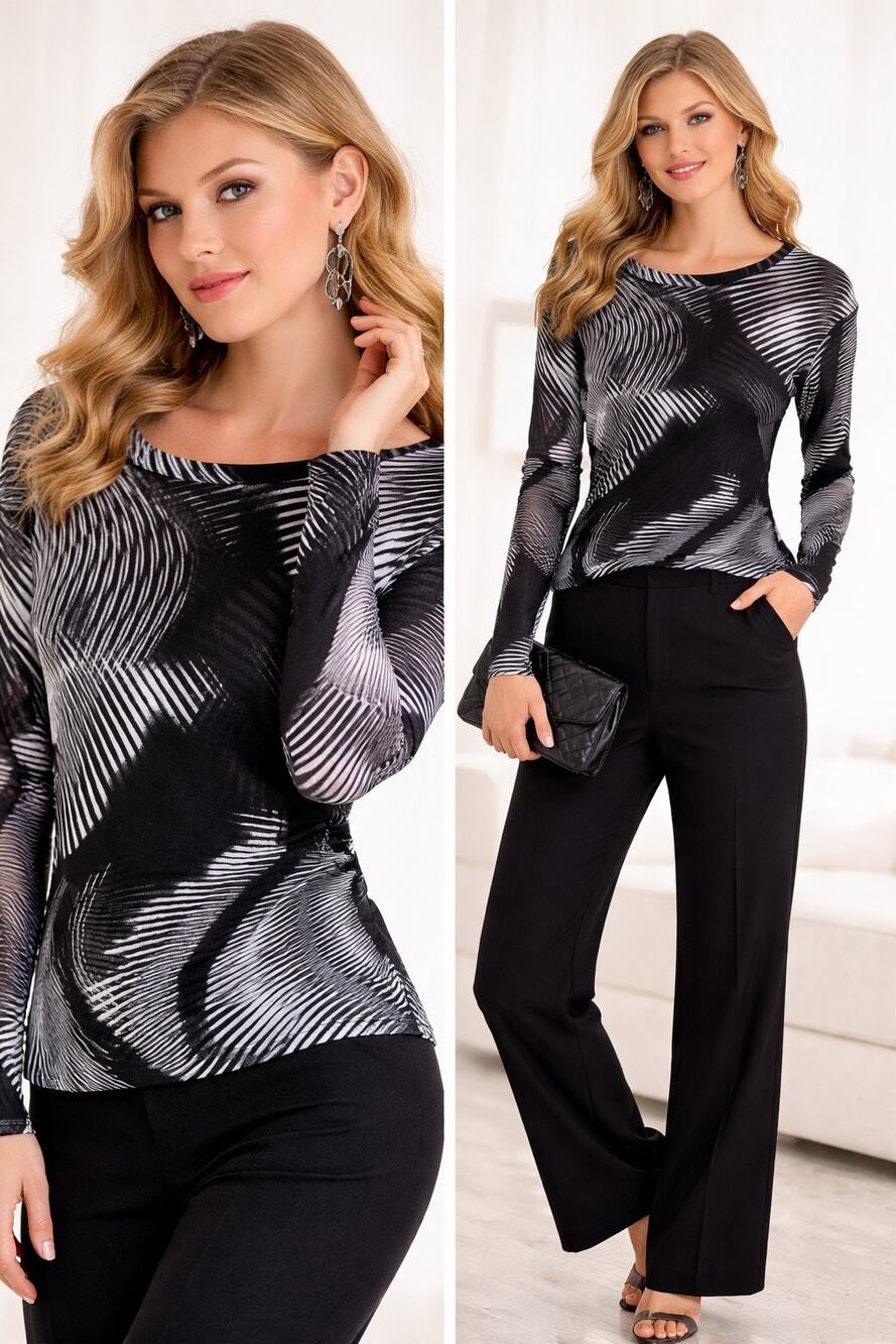 Yasuko Kurisaka Mesh Top XL Black Gray Abstract Sheer Stretch Long Sleeve USA